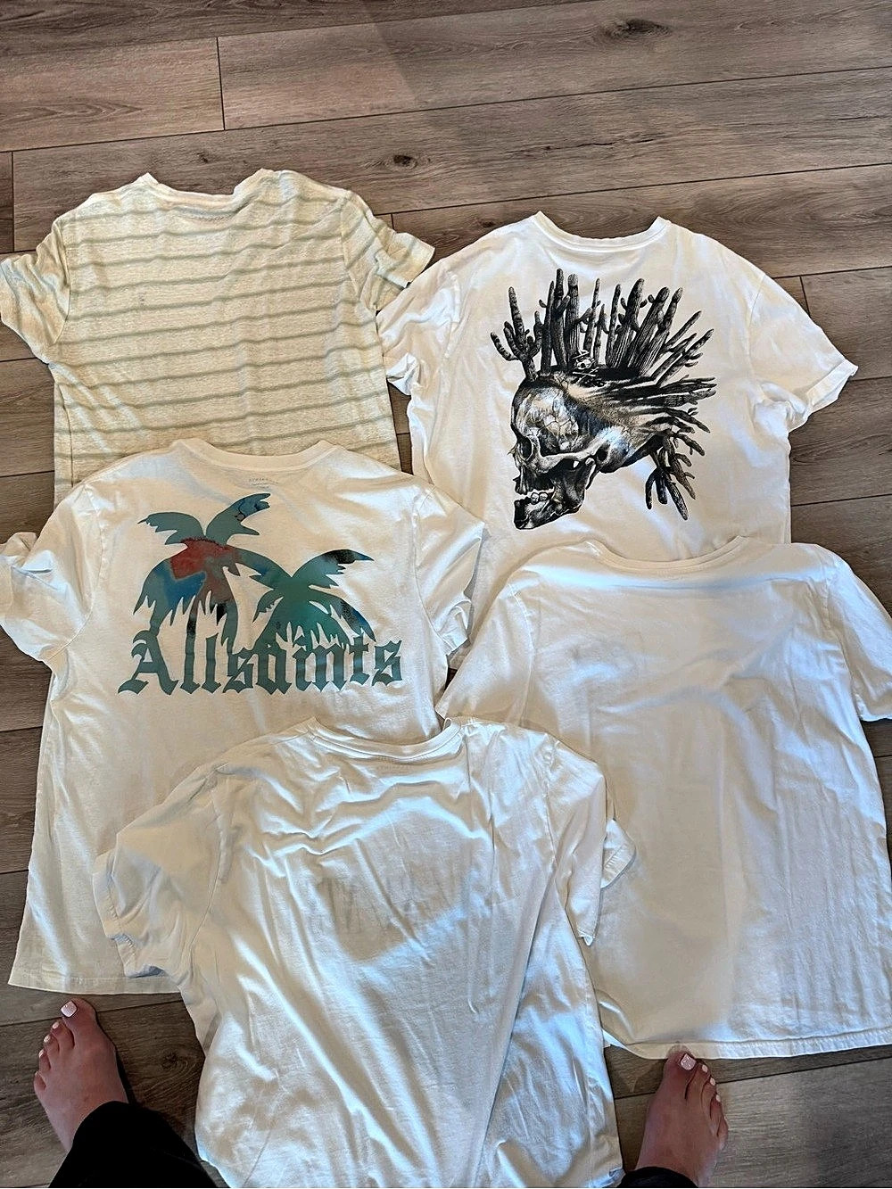 AllSaints Graphic T-Shirt 5-Piece Set in White & Cream/Green Stripe